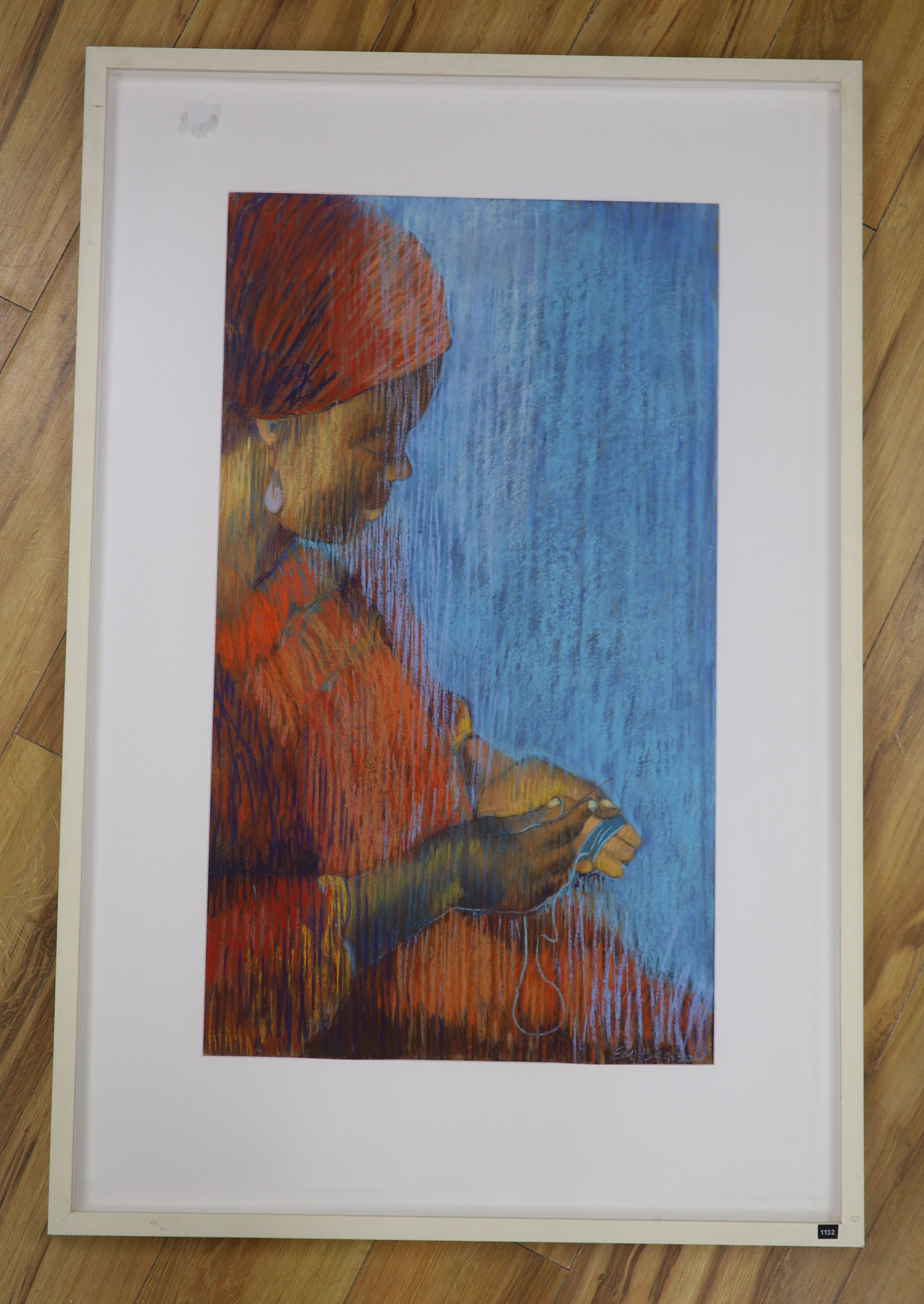 Em Isaacson, pastel on paper, 'Needlework', signed, 2005 Boundary Gallery label verso, 75 x 43cm